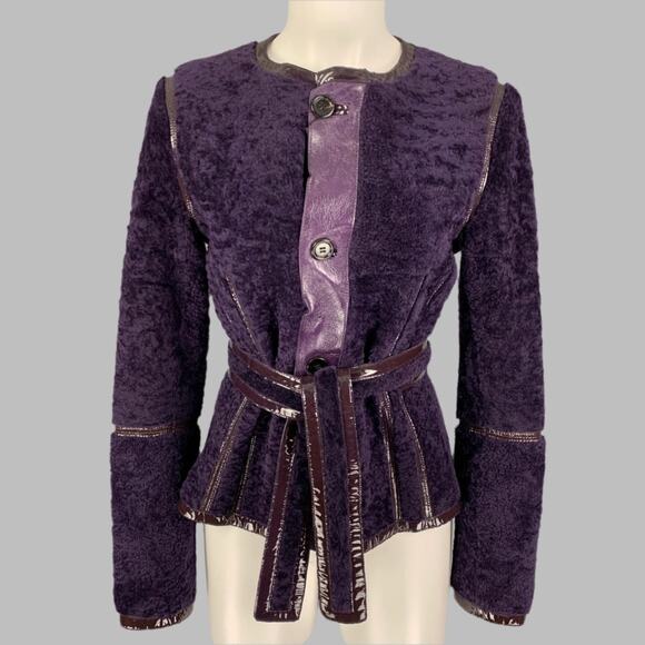 YVES SAINT LAURENT  6 Purple Shearling Patent Leather Reversible Belted Jacket - Picture 1 of 9